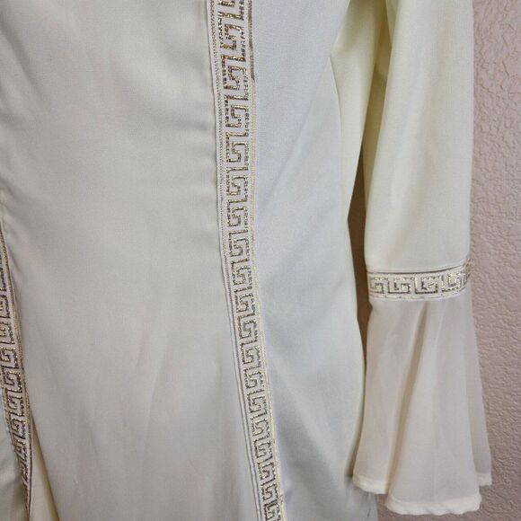 Vintage 60s Mod Dress Size S Ivory Gold Grecian Greek Key Wedding Flounce Sleeve - Picture 5 of 11